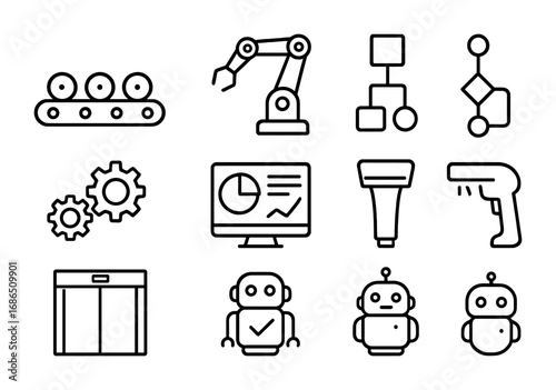 Workplace Automation Icons. Outline icon set of automation in workplaces: conveyor belt, robotic arm, workflow