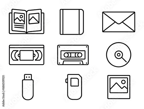 Memory Icon Collection. Outline icon set of memory preservation: photo album, diary, letter envelope, video