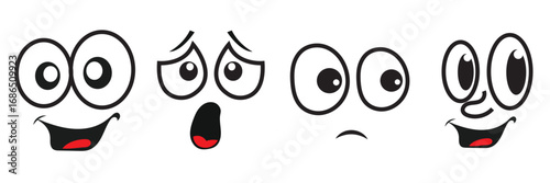Cartoon faces showing different emotions illustration. Big eyes and expressive mouths displaying various emotions like happy, surprised, sad, and playful for design use. Cartoon face icon.


