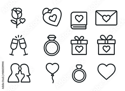 Romantic Icon Set. Outline icon set of romantic heart symbols: rose with heart, heart-shaped locket, love