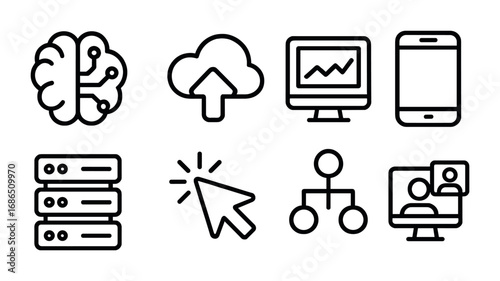 Digital Support Icons. Outline icon set of digital decision support: AI brain, cloud app, dashboard screen,