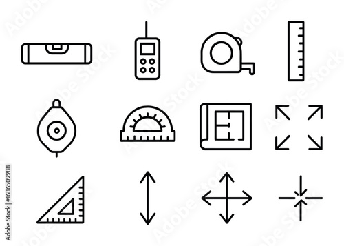 Measuring Tools Icons. Outline icon set of measuring and alignment: spirit level, laser measurer, measuring