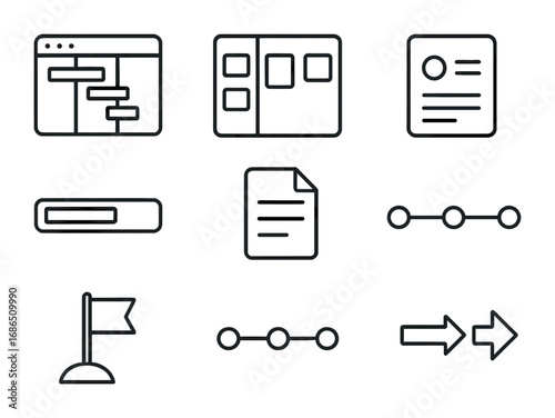 Digital Project Icons. Outline icon set of digital project management: Gantt chart, kanban board, task card,