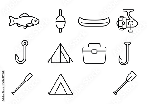 Freshwater Fishing Icons. Outline icon set of freshwater fishing: river fish, bobber, canoe, reel, hook,