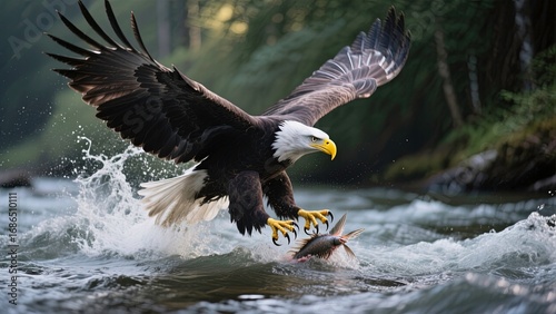 Precision Landing: Powerful eagle soars through waves and catching fishes.