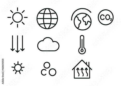 Greenhouse Effect Icons. Outline icon set of greenhouse effect: sun rays, earth globe, atmosphere layer, CO2
