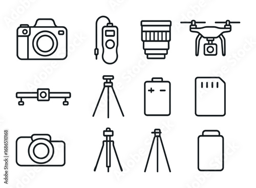 Time-Lapse Gear Icons. Outline icon set of creative time-lapse gear: camera body, intervalometer, lens, drone,