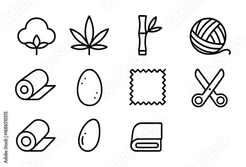 Eco-Friendly Fabrics Icons. Outline icon set of eco-friendly fabrics: cotton plant, hemp leaf, bamboo stalk,