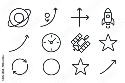 Orbital Mechanics Icons. Outline icon set of orbital mechanics: planet orbit, gravity slingshot, arrows,