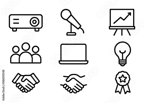 Startup Pitch Icons. Outline icon set of startup pitch environment: projector, microphone, chart board,