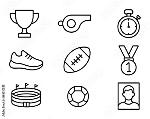 Athlete Icon Set. Outline icon set of athlete biographies: trophy, whistle, stopwatch, running shoe, football,