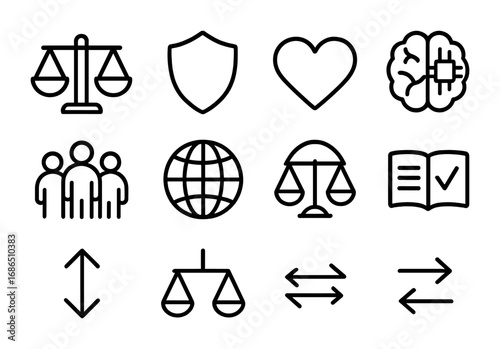 Ethical AI Icons. Outline icon set of ethical AI in creativity: scale, shield, heart, brain chip, people,