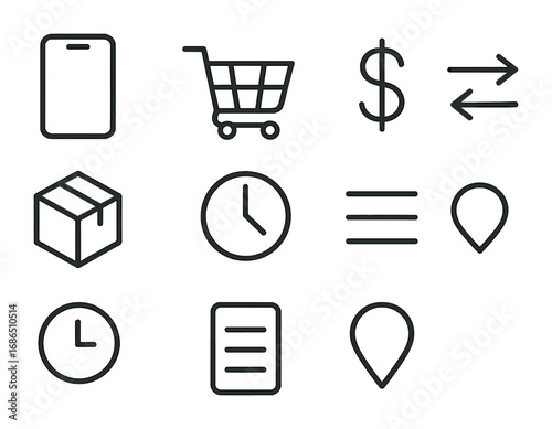 Delivery App Icons. Outline icon set of delivery app interface: phone app, cart, dollar sign, arrows, package,
