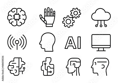 AI Human Integration Icons. Outline icon set of AI integration into humans: brain chip, robot hand, gears,