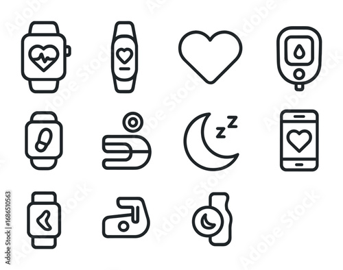 Wearable Health Icons. Outline icon set of wearable health technology: smartwatch, fitness tracker, heart icon