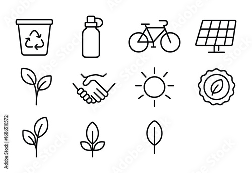 Eco-Friendly Icon Set. Outline icon set of eco-friendly family lifestyle: recycling bin, reusable bottle,