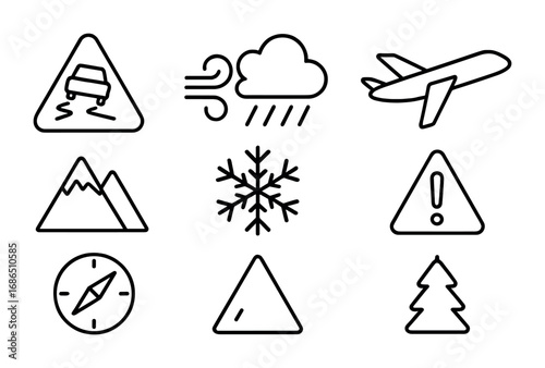 Weather Travel Icons. Outline icon set of dangerous weather travel: icy road sign, wind swirl, rain cloud,