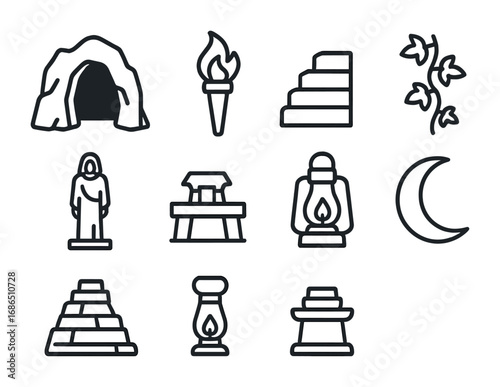 Hidden Sanctuary Icons. Outline icon set of hidden sanctuaries: cave entrance, torch, stone steps, vine,