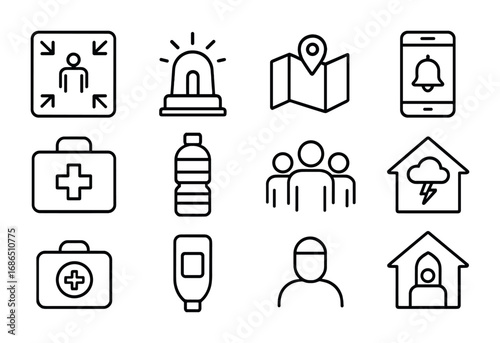 Community Safety Icons. Outline icon set of community weather safety: meeting point sign, siren, map, phone,