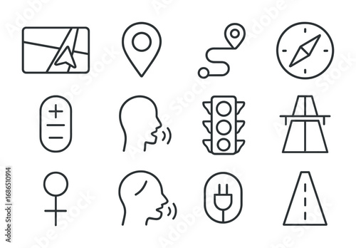 In-Car Navigation Icons. Outline icon set of in-car navigation: GPS map, location pin, route line, compass,