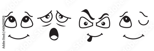 Cartoon faces showing different emotions illustration. Big eyes and expressive mouths displaying various emotions like happy, surprised, sad, and playful for design use. Cartoon face icon.


