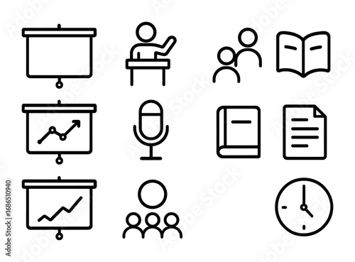 Classroom Presentation Icons. Outline icon set of classroom presentations: projector screen, student speaking,