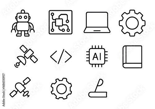 Technology Icons Grid. Outline icon set of technology-driven projects: robot, circuit board, laptop, gear,