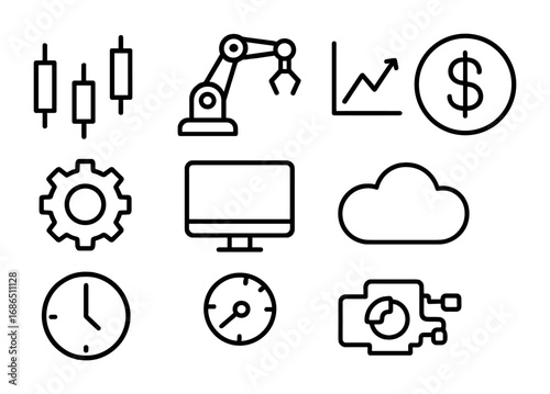 Stock Market Icons. Outline icon set of stock market automation: candlestick chart, robot arm, graph, dollar