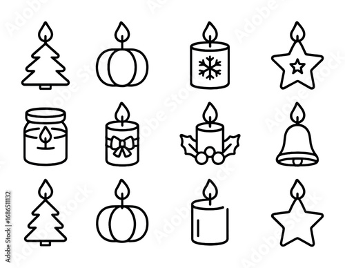 Festive Candle Icons. Outline icon set of festive scented candles: Christmas tree, pumpkin, snowflake, star,