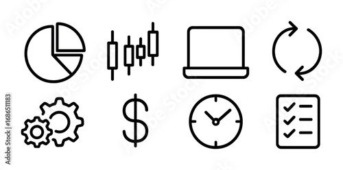 Portfolio Automation Icons. Outline icon set of portfolio automation: pie chart, candlestick chart, laptop,