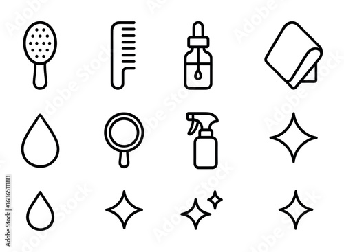 Beauty Routine Icons. Outline icon set of beauty routine for hair: brush, comb, serum bottle, towel, droplet,