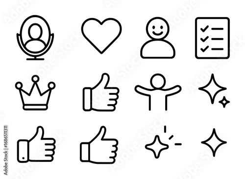 Self-Esteem Icon Set. Outline icon set of self-esteem: mirror, heart, smiling figure, checklist, crown, thumbs