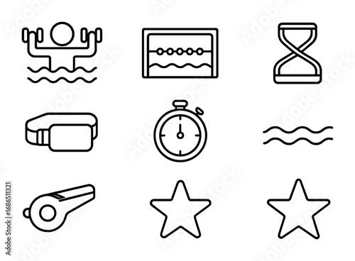 Aquatic Fitness Icons. Outline icon set of aquatic fitness: figure lifting weights in water, pool lane,