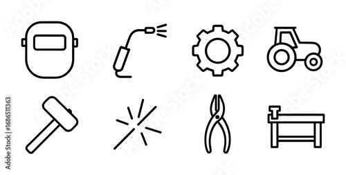 Welding Icon Set. Outline icon set of welding and fixing equipment: welding mask, torch, gear, tractor, hammer