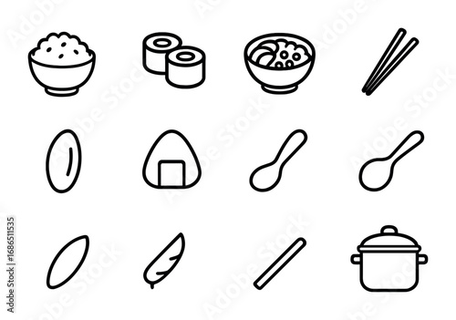 Rice Dish Icons. Outline icon set of rice-based dishes: rice bowl, sushi roll, poke bowl, chopsticks, rice