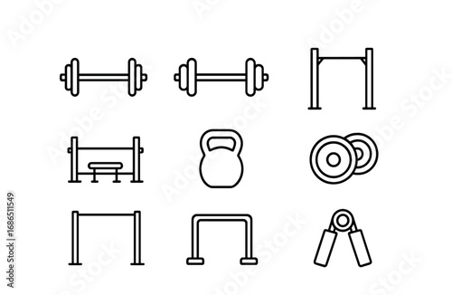 Strength Training Icons. Outline icon set of strength training: barbell, dumbbell, squat rack, bench press,