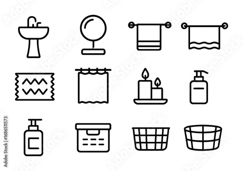 Bathroom Icon Collection. Outline icon set of bathroom styling: sink, mirror, towel rack, rug, shower curtain,