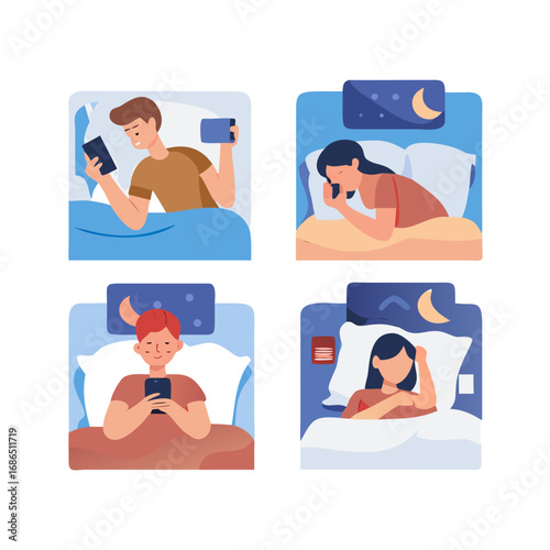 Bed phones icons set. People lying in bed and using their smartphones before sleeping at night