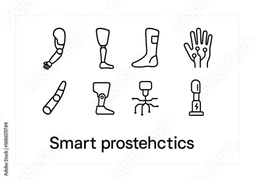 Smart Prosthetic Icons. Outline icon set of smart prosthetics: prosthetic arm, prosthetic leg, foot implant,