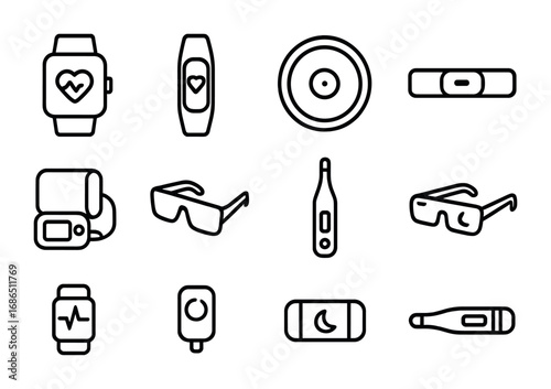 Wearable Health Tech Icons. Outline icon set of wearable health tech: smartwatch, fitness tracker, glucose