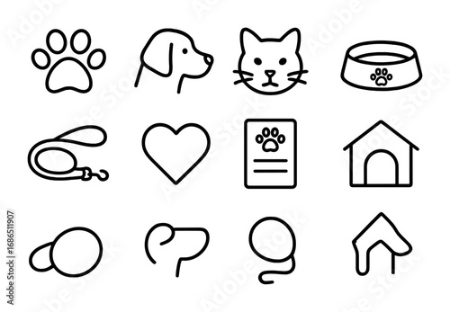 Pet Adoption Icons. Outline icon set of pet adoption drives: paw print, dog, cat, pet bowl, leash, heart