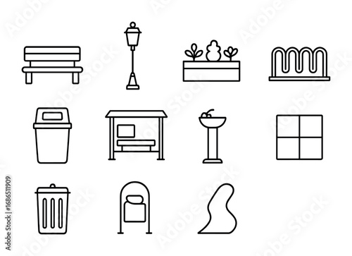 Urban Design Icons. Outline icon set of urban design elements: bench, lamp post, planter box, bike rack, trash