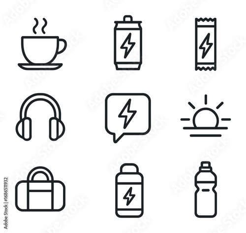Energy Booster Icons. Outline icon set of energy boosters: coffee cup, energy drink can, power bar, headphones