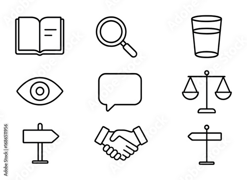 Honesty Icons Collection. Outline icon set of honesty and transparency: open book, magnifying glass, glass of