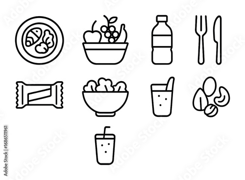 Energy Nutrition Icons. Outline icon set of nutrition for stable energy: plate of food, fruit basket, water