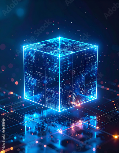 Futuristic glowing blue cube symbolizing the concept of advanced digital technology, big data processing, and artificial intelligence on a virtual network grid