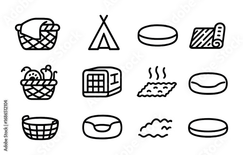 Pet Cozy Corners Icons. Outline icon set of cozy corners for pets: blanket basket, teepee tent, floor cushion,