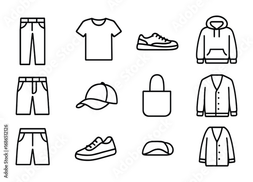 Casual Fashion Icons. Outline icon set of casual everyday fashion: jeans, t-shirt, sneakers, hoodie, shorts,