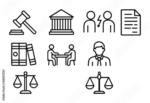 Mining Legal Icons. Outline icon set of legal disputes in mining: gavel, courthouse, arguing people, broken