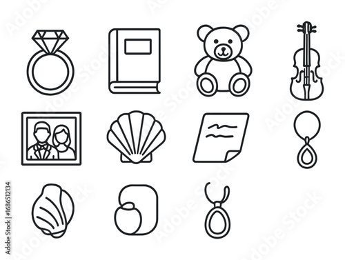 Treasured Icons Grid. Outline icon set of treasured objects: diamond ring, book, teddy bear, violin, wedding